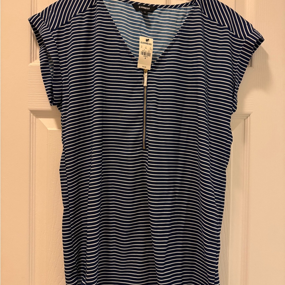 Express Blue and White V-Neck Cap Sleeve Zippered Blouse